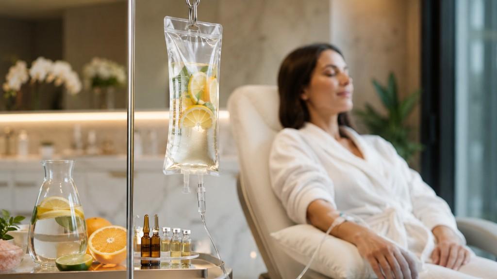 Woman receiving a provider-guided IV wellness drip with lemon and mint infusion at NY Drip Lounge