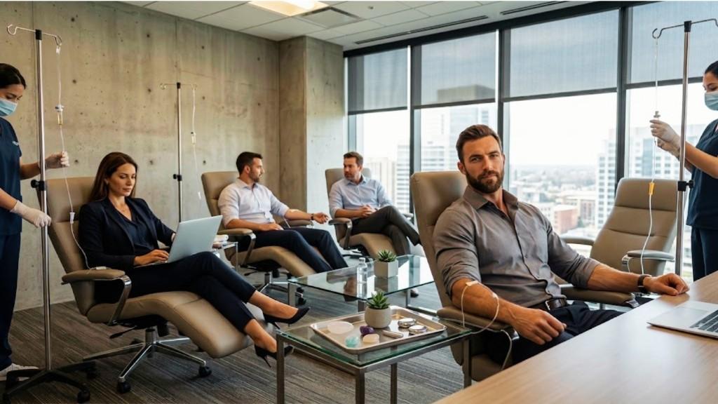 Corporate team receiving IV wellness treatments in an office space