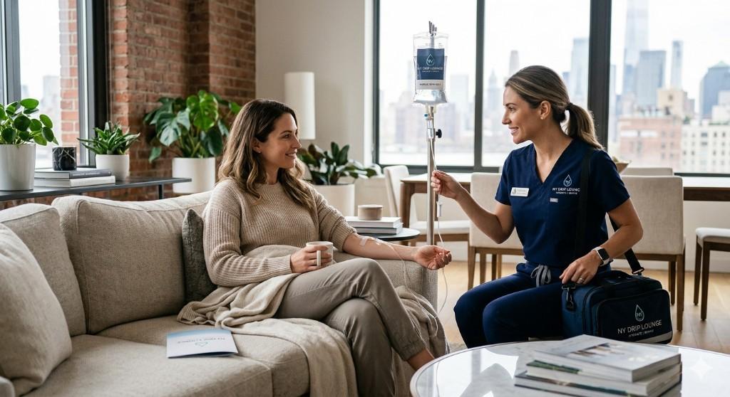 NY Drip Lounge nurse providing mobile IV therapy at home