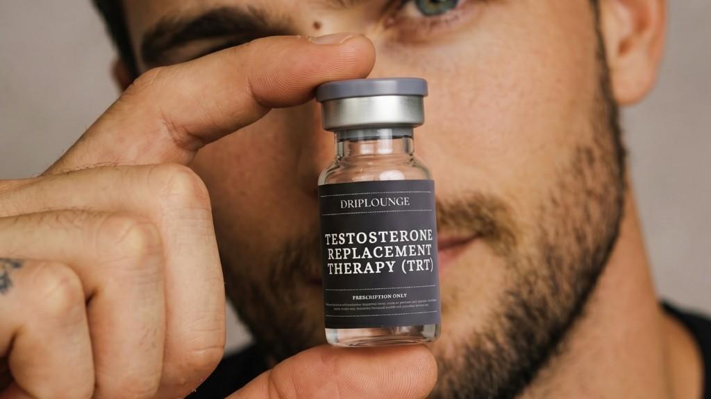 TRT vial held during testosterone replacement therapy consultation